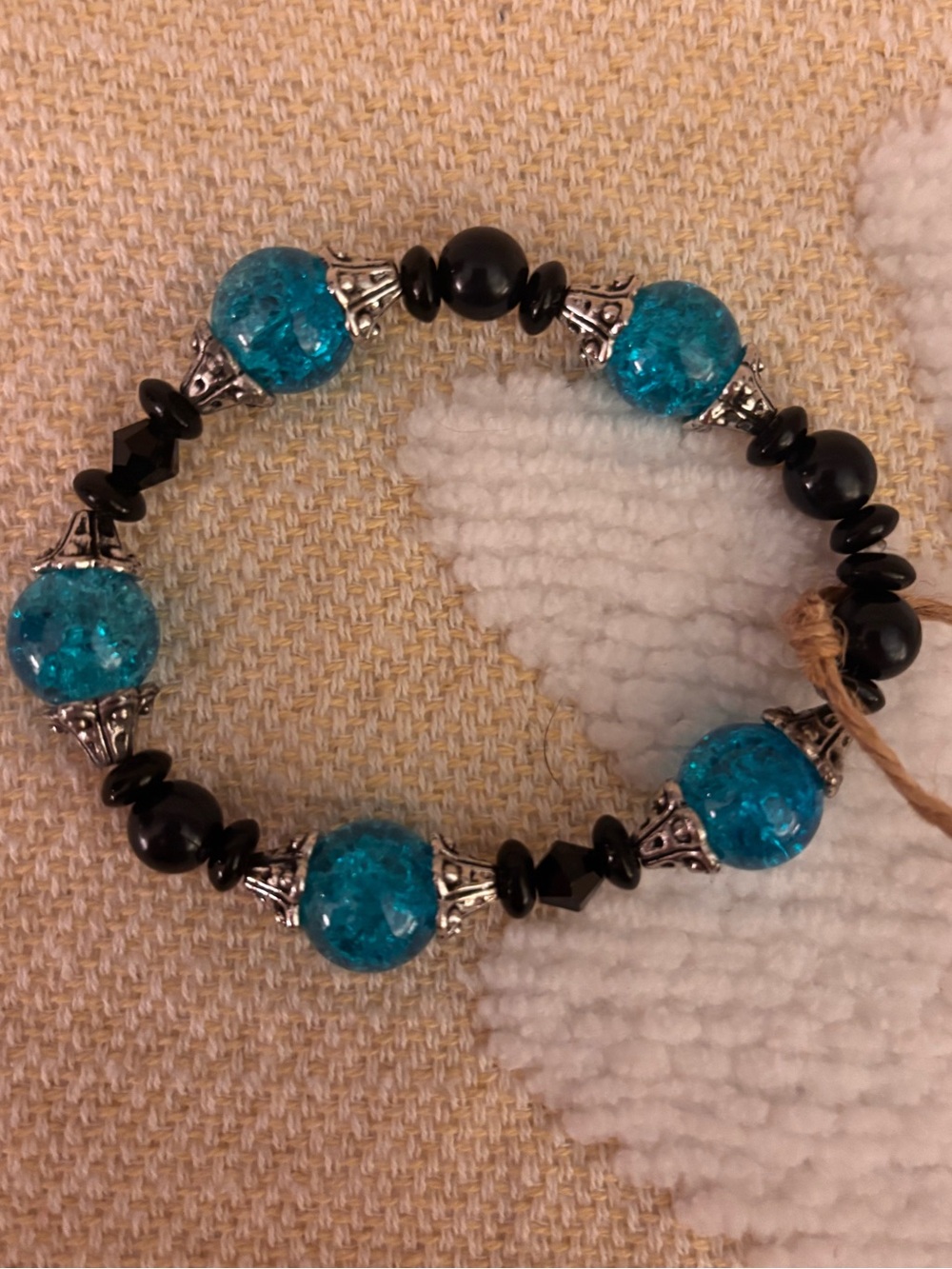 Turquoise Crackle Glass and Black Bead Stretch Bracelet